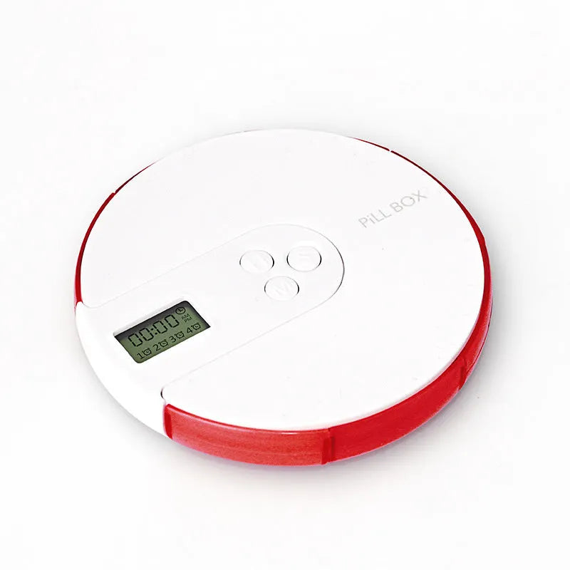 Seven compartment alarm clock pill dispenser showing medication compartments and display