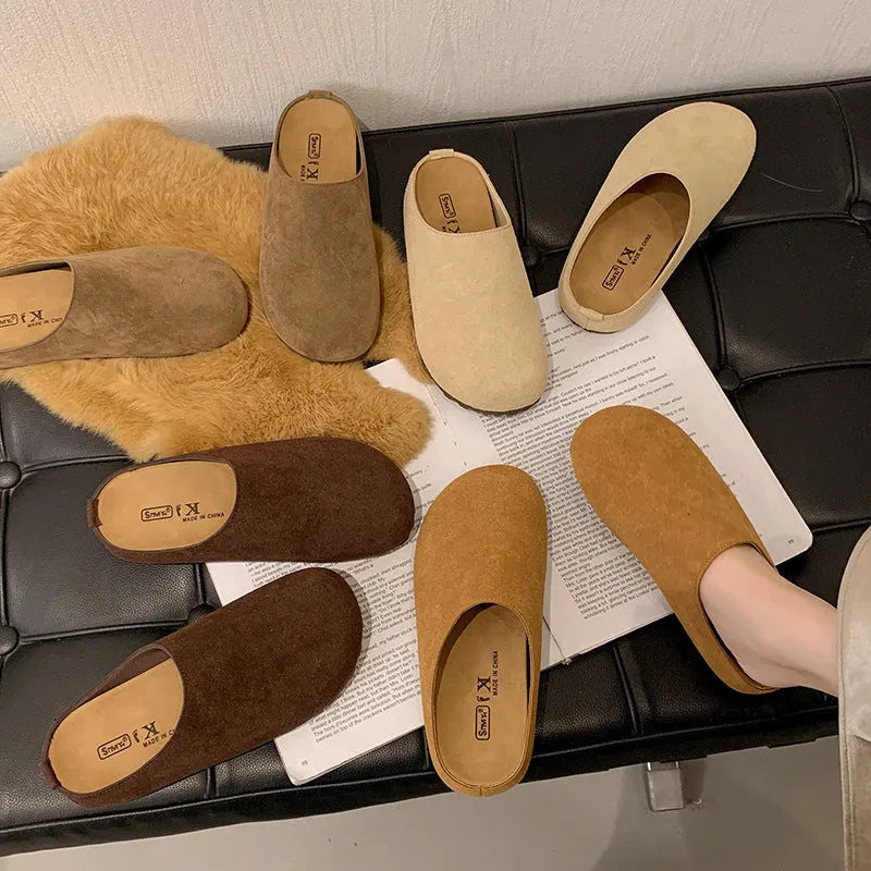 Korean style square toe slippers in apricot colour with microfiber upper and PU sole