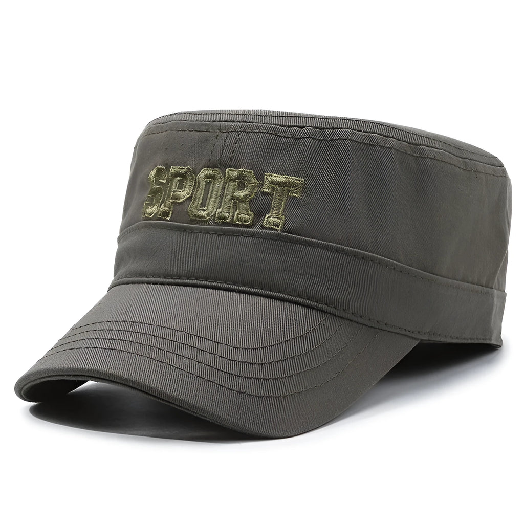 Men's adjustable flat-top cotton peaked cap in army green colour showing dome crown design