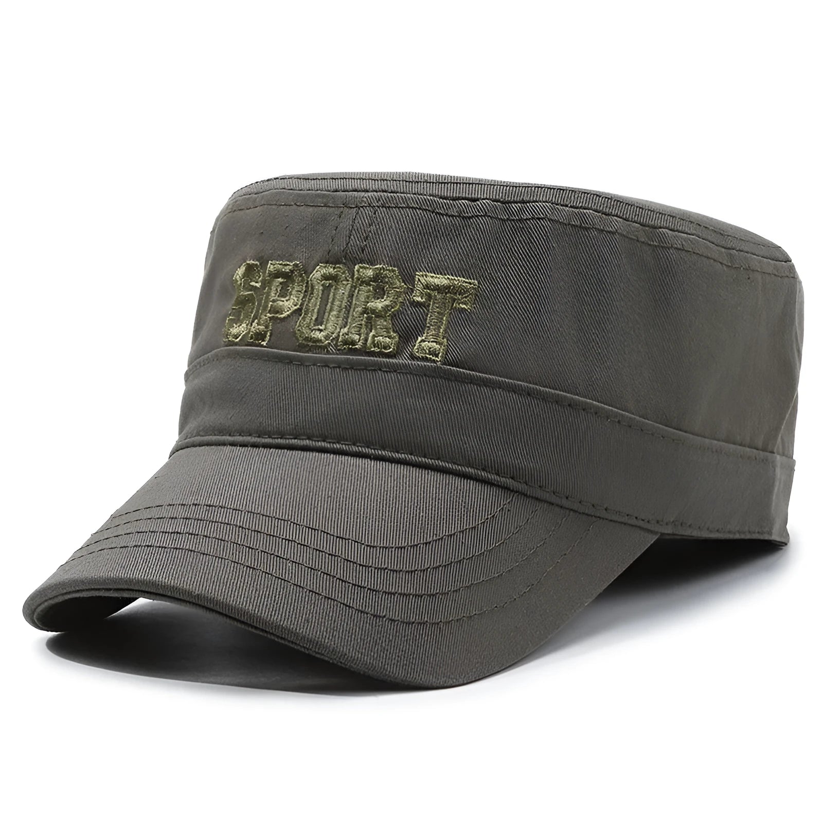 Men's adjustable flat-top cotton peaked cap in army green colour showing dome crown design