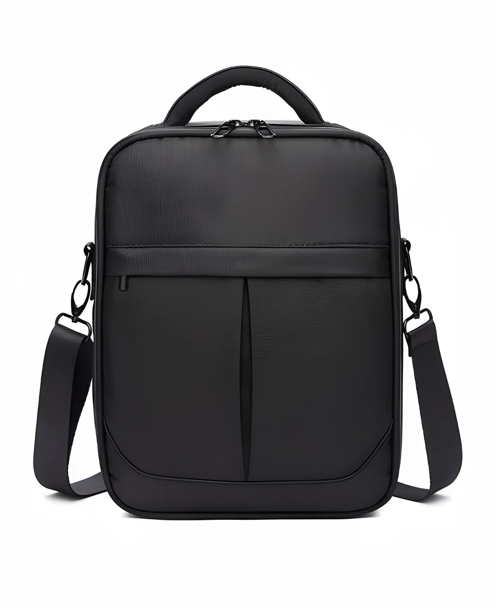 Black Oxford fabric men's messenger shoulder bag showing front compartment and shoulder strap.