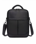 Black Oxford fabric men's messenger shoulder bag showing front compartment and shoulder strap.