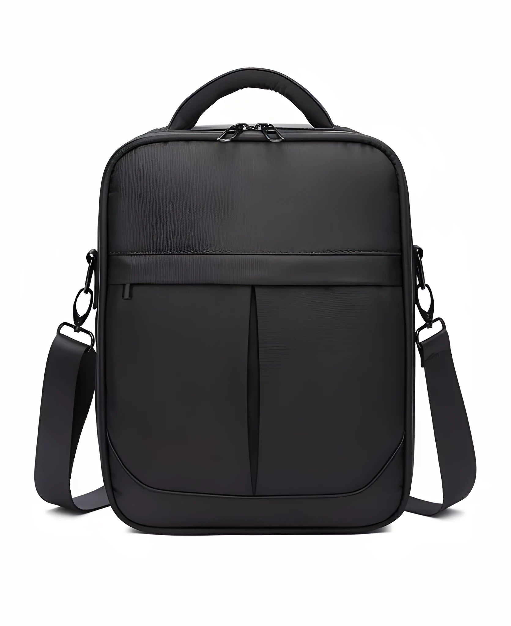 Black Oxford fabric men's messenger shoulder bag showing front compartment and shoulder strap.