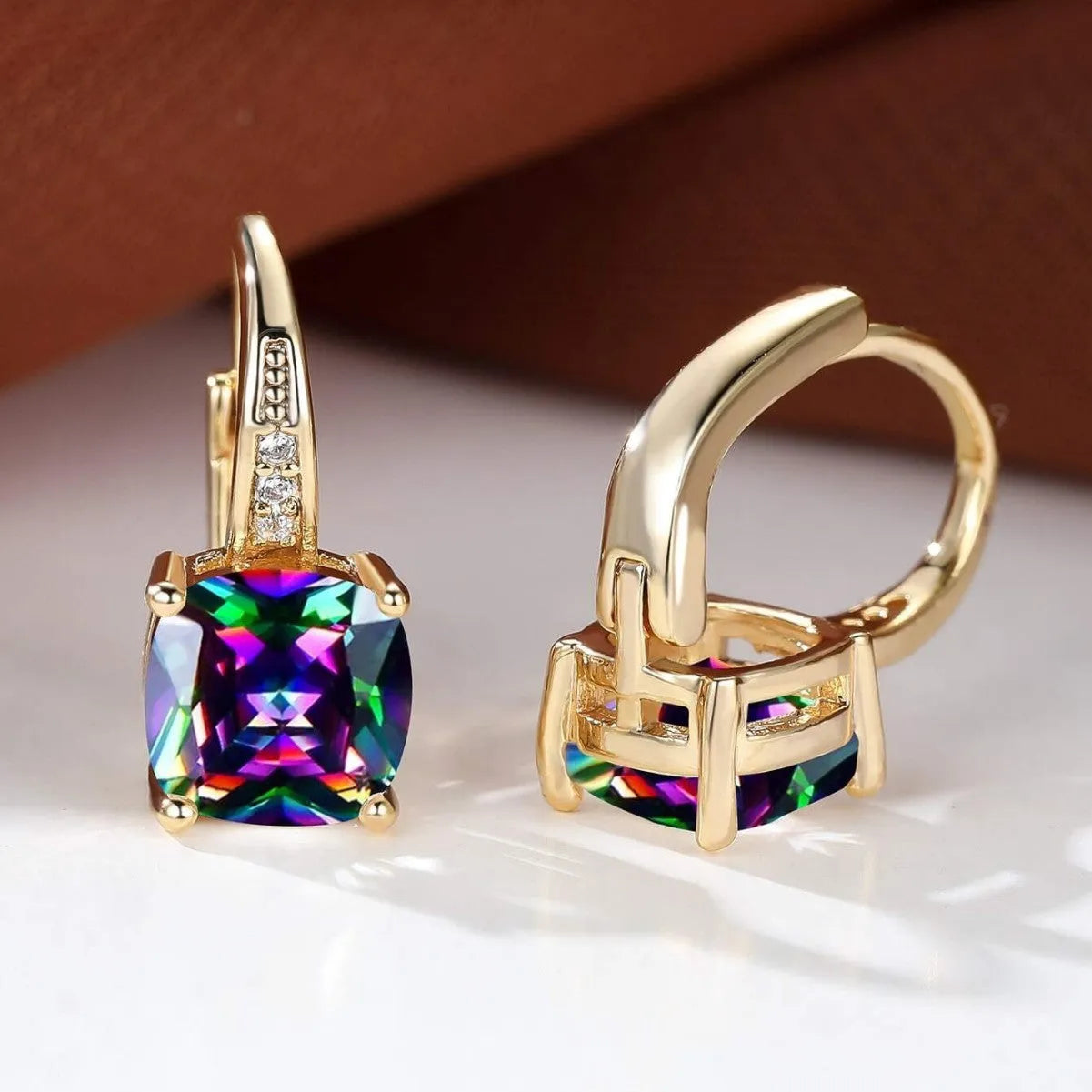 Geometric square ear clip with colourful moissanite detailing and electroplated metallic finish