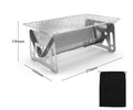 Large stainless steel folding barbecue oven for outdoor cooking, shown with its storage bag.