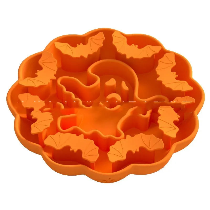 Anti-choke slow feeding dog bowl in edible silicone, Halloween green colour, square shape with raised internal patterns