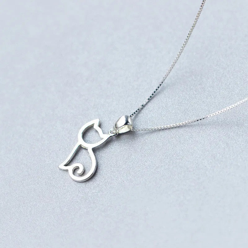 Sweet cat silver pendant necklace with Korean style animal charm on a simple chain
