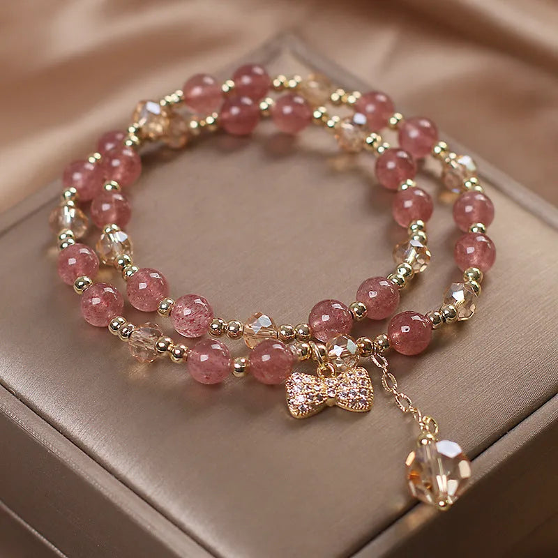 Women's double layer strawberry quartz bracelet with Lucky Cat charm in Red Cat's Eye Flowers colour