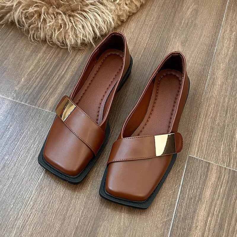 Women's flat-heeled shoes, beige, square toe, metal buckle detail, artificial leather, low heel