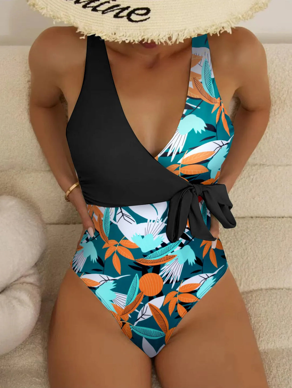 High-waist one-piece swimsuit with printed pattern in white or black colour options