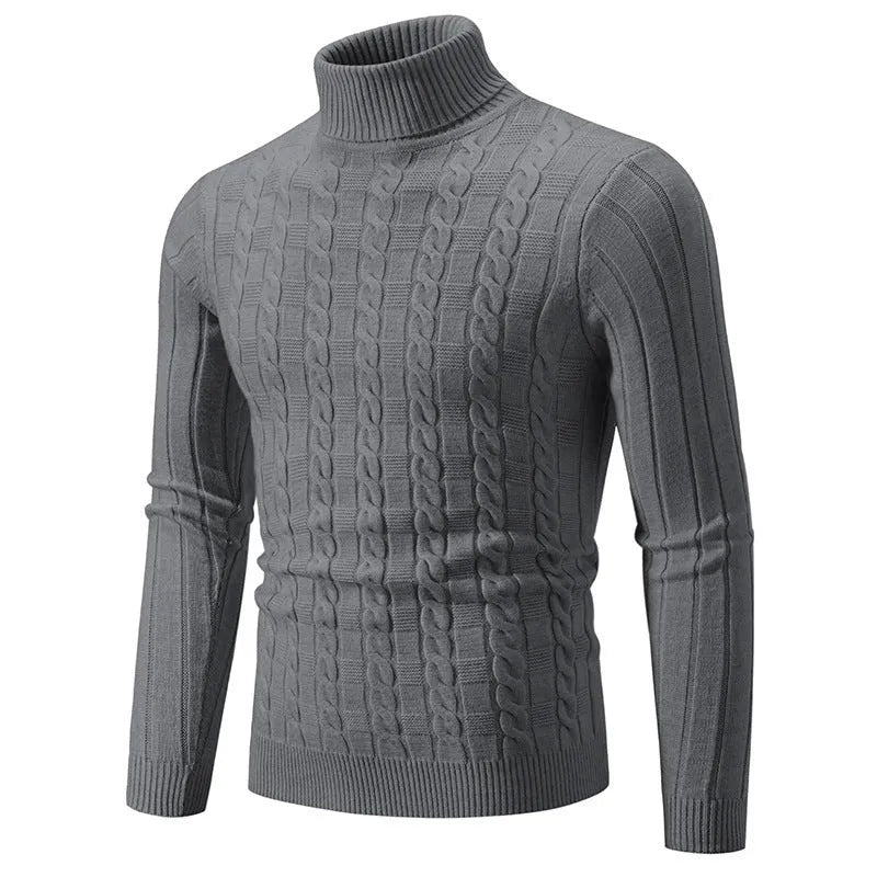 Men's slim fit chenille turtleneck pullover sweater in beige on a grey background.