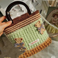 Wool crocheted bear portable shoulder bag with wooden handle in random style