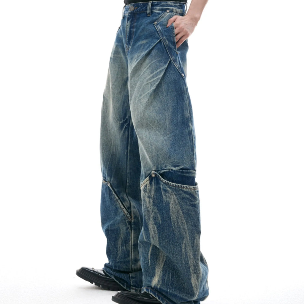 Men's verdant blue retro washed jeans with burst pattern and curved knife design in loose fit