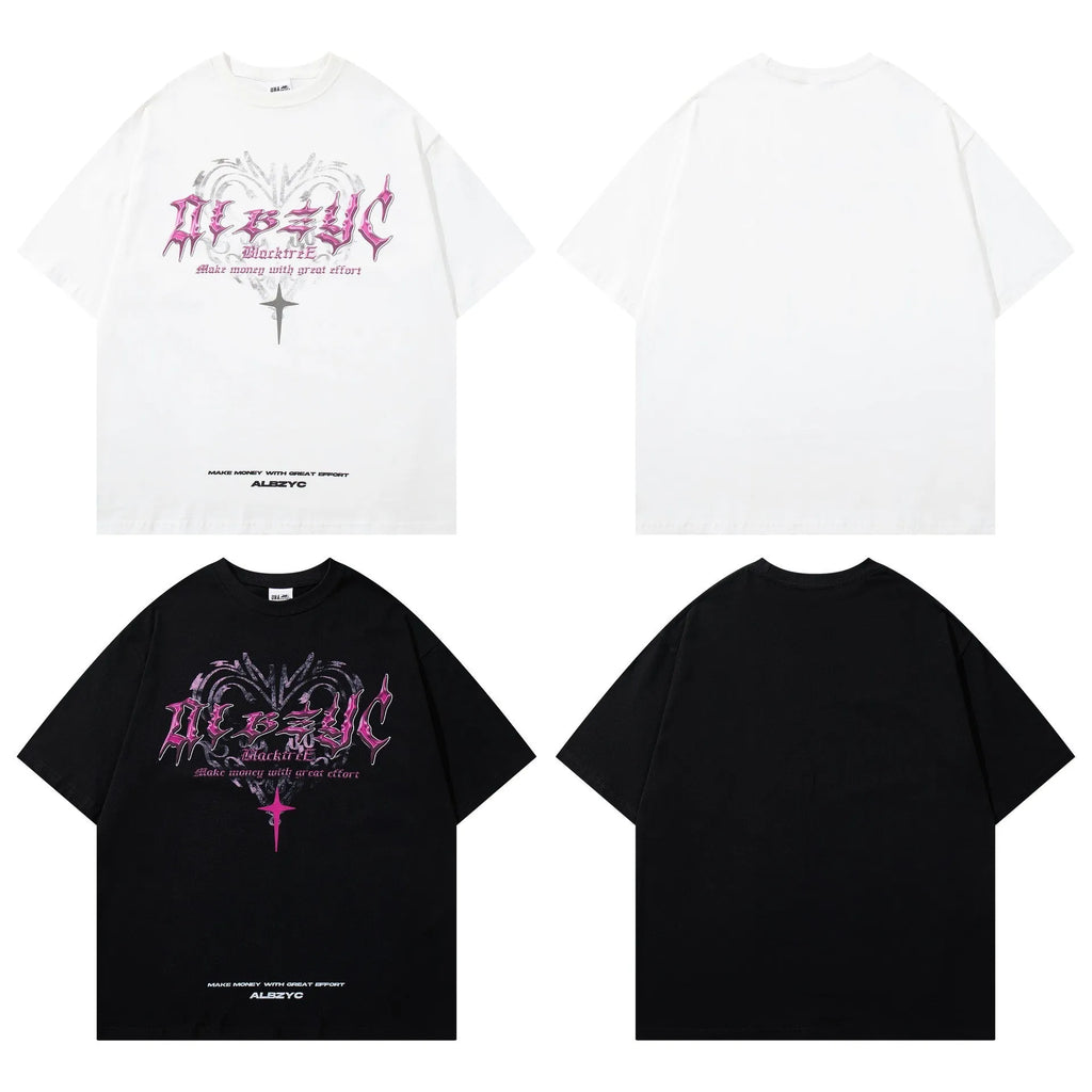 Man wearing a black retro graphic print cotton t-shirt with a loose fit and short sleeves.