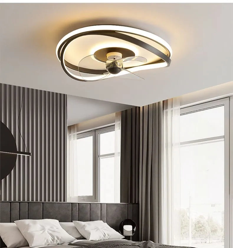 Fan lamp ceiling light in black round design with remote control for bedroom or dining room