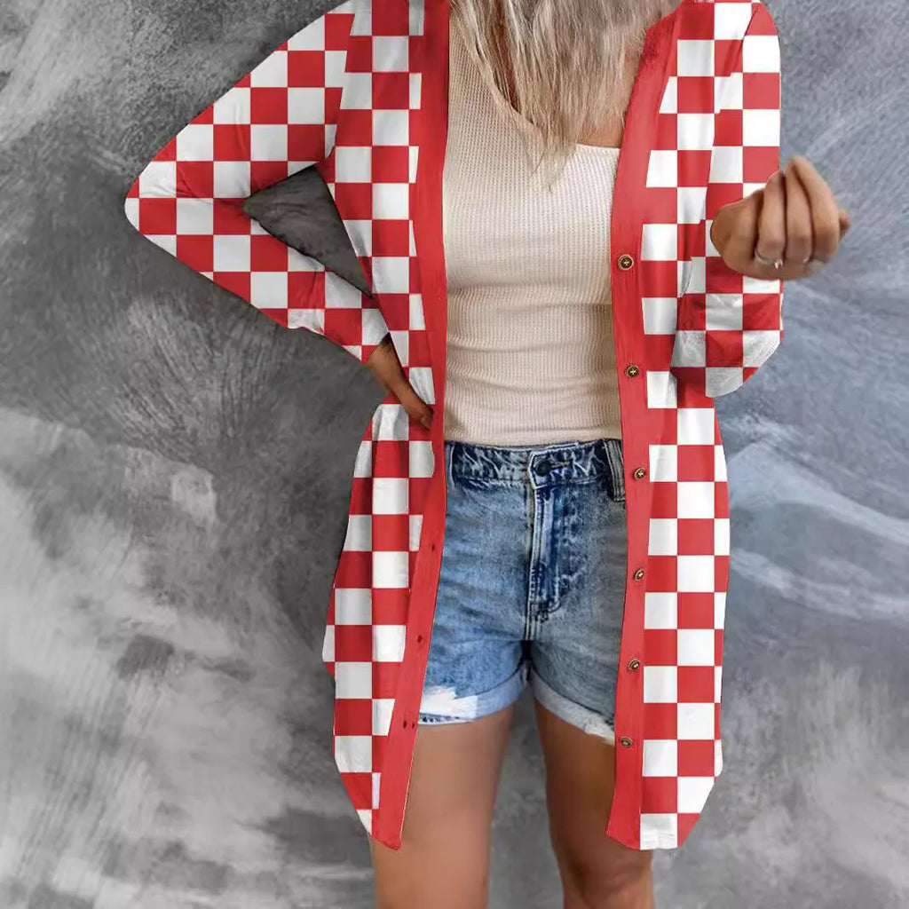 Long grey women's plaid patterned loose knit cardigan coat with regular sleeves on a hanger.