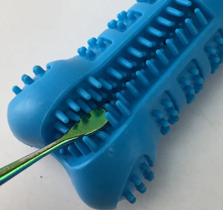 Blue silicone bone-shaped dog toothbrush with 360-degree bristles on white background