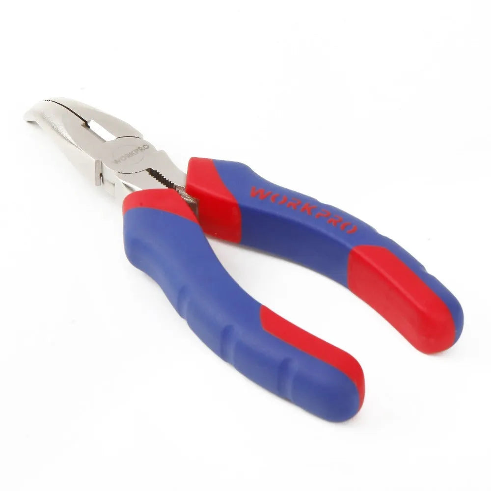 Double colour sleeve handle curved nose pliers in blue, steel construction, side view