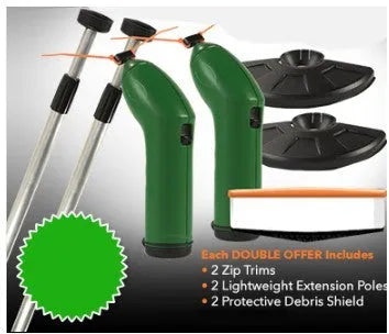Cordless lawn trimmer weed trimmer with extension pole and debris shield on green grass
