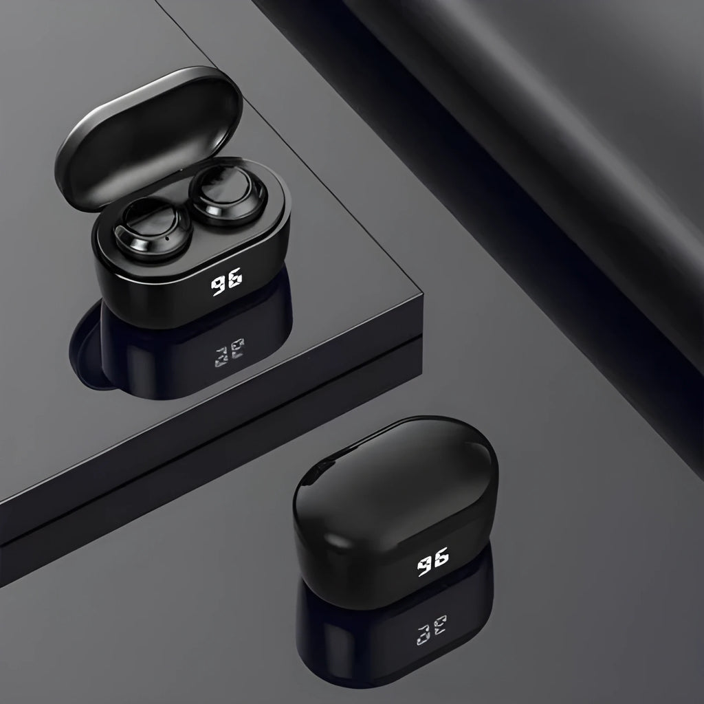 Black wireless stereo Bluetooth headset with earbud design showing Bluetooth 5.0 and NFC features