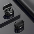 Black wireless stereo Bluetooth headset with earbud design showing Bluetooth 5.0 and NFC features