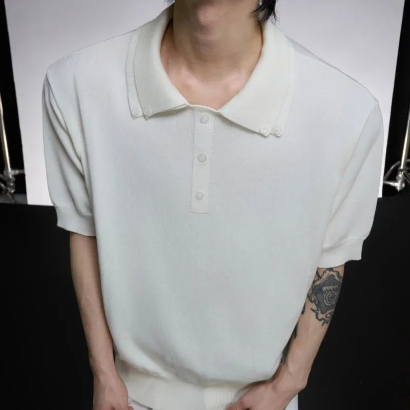 Men's double lapel collar short sleeve shirt in slim knit polyester construction