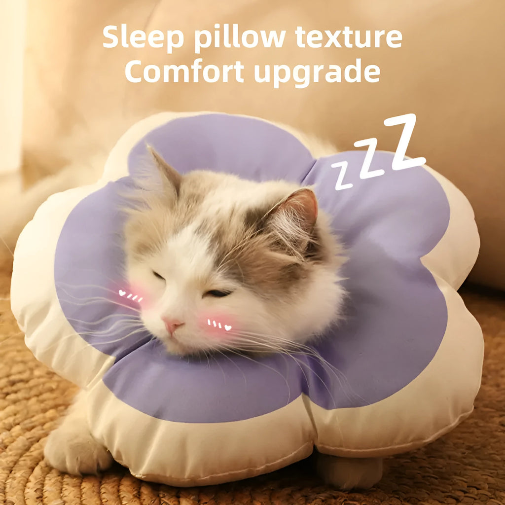 Soft cotton cat flower collar in blue with adjustable strap for post-surgery recovery