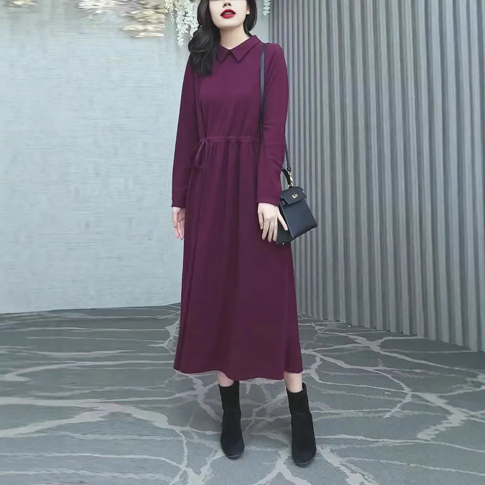 Purplish red women's plus size long dress with extra-long sleeves for autumn and winter wear
