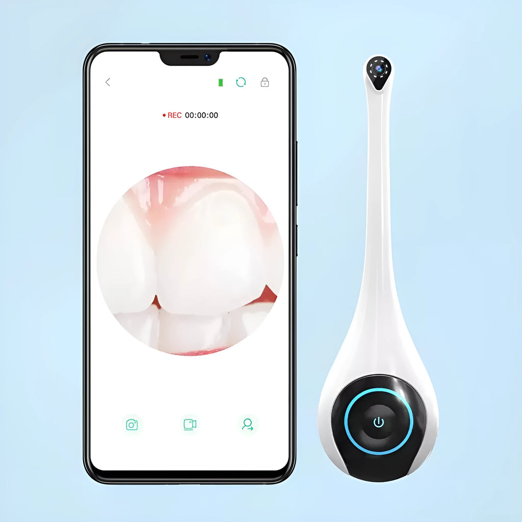 White visual dental mirror endoscope with 1080P HD camera and Bluetooth connectivity on a magnetic charging base