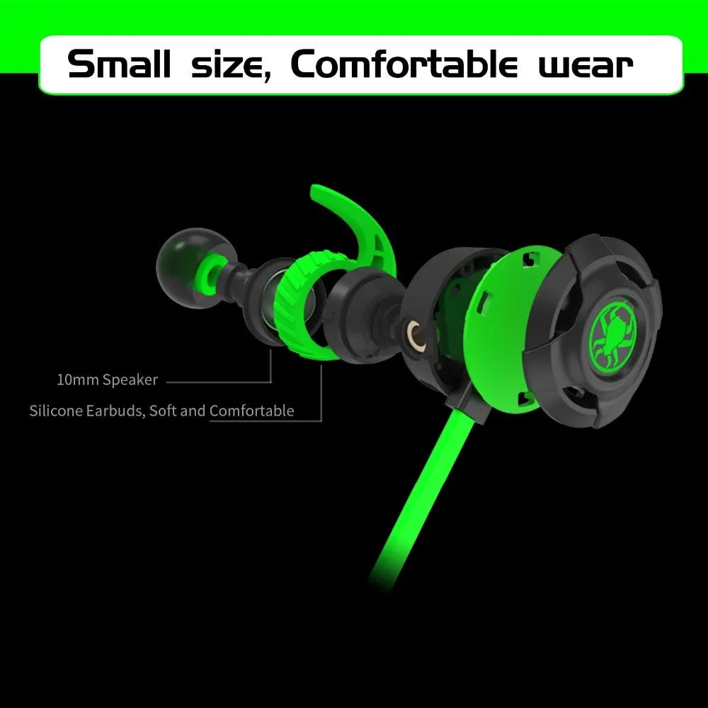 Shuangmai wired in-ear computer gaming headset in black, green, and red colours with 1.5 cm cable.