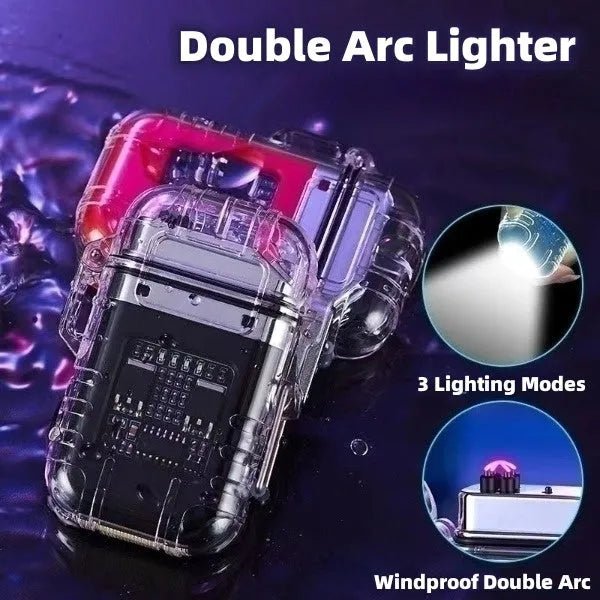 Transparent plastic double arc lighter with detachable clip, Type-C port, and button in black colour