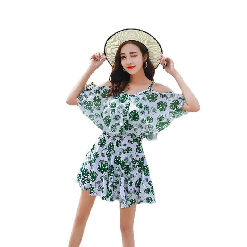Women's polyester one-piece swimsuit in solid colour pattern green leaf style