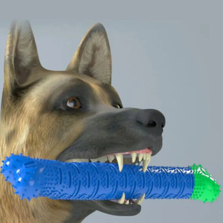 Blue-green silicone dog dental cleaning stick with textured surface and inner bristle core