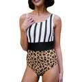 Women's leopard print one-piece swimsuit with asymmetric collar and high-waist brief design.