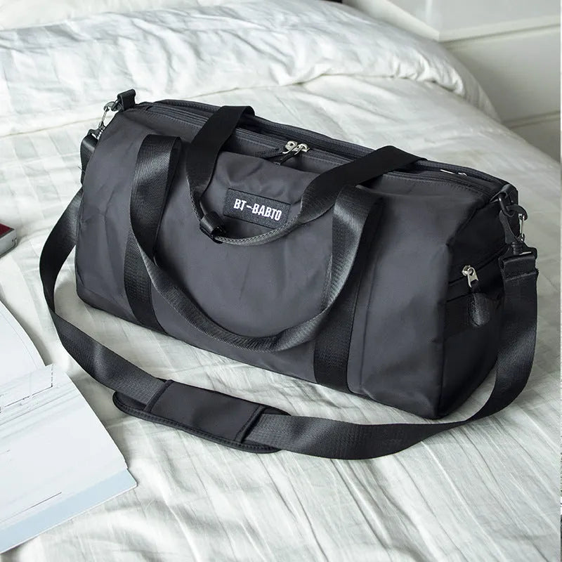 Women's casual portable sports bag in beige nylon with letter pattern and contrast colour details