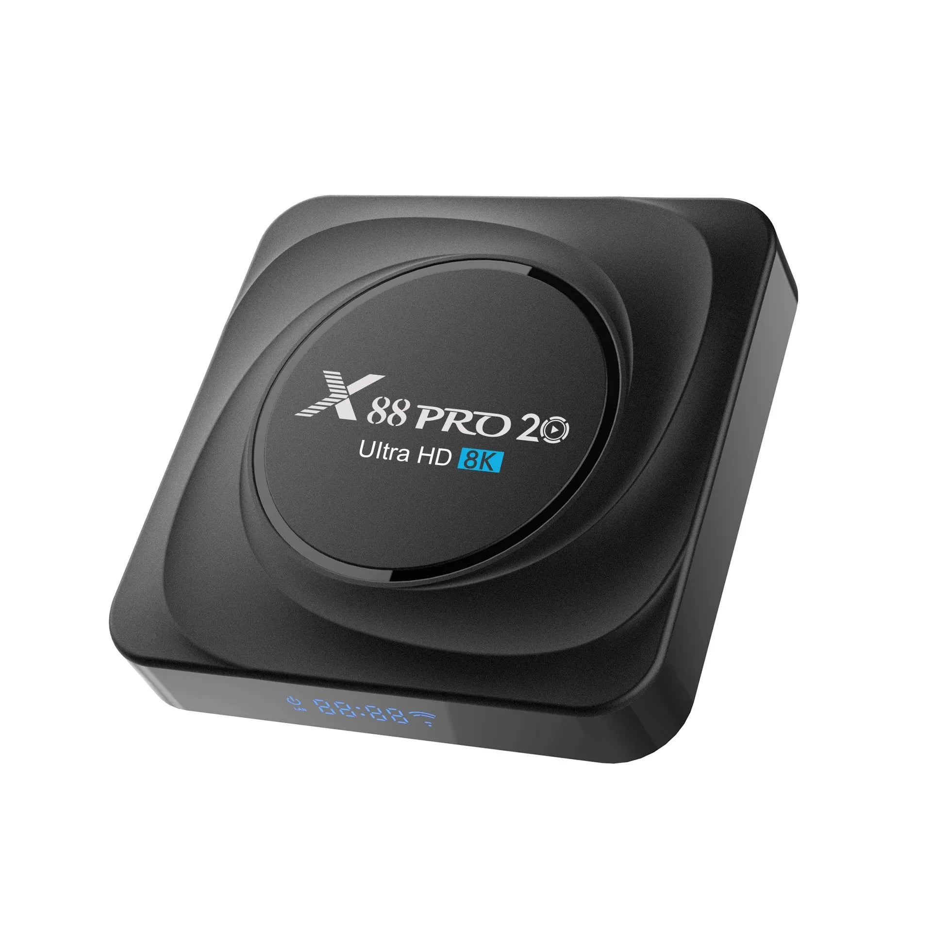 Dual-band WiFi Bluetooth TV box with Android 11.0, HDMI output, infrared remote, and UK power plug