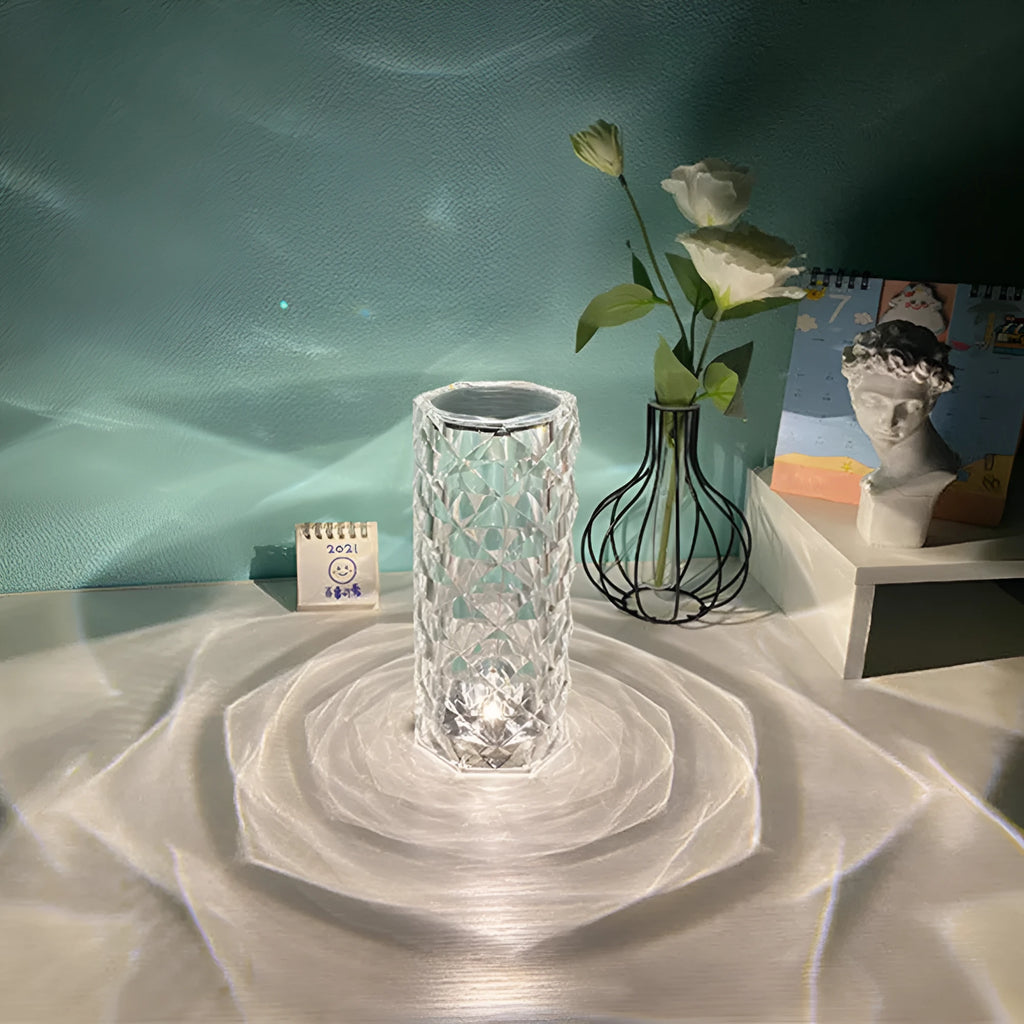 Crystal desk lamp with remote control and touch dimming, acrylic shade, 90x215 mm, USB powered, white colour option on table