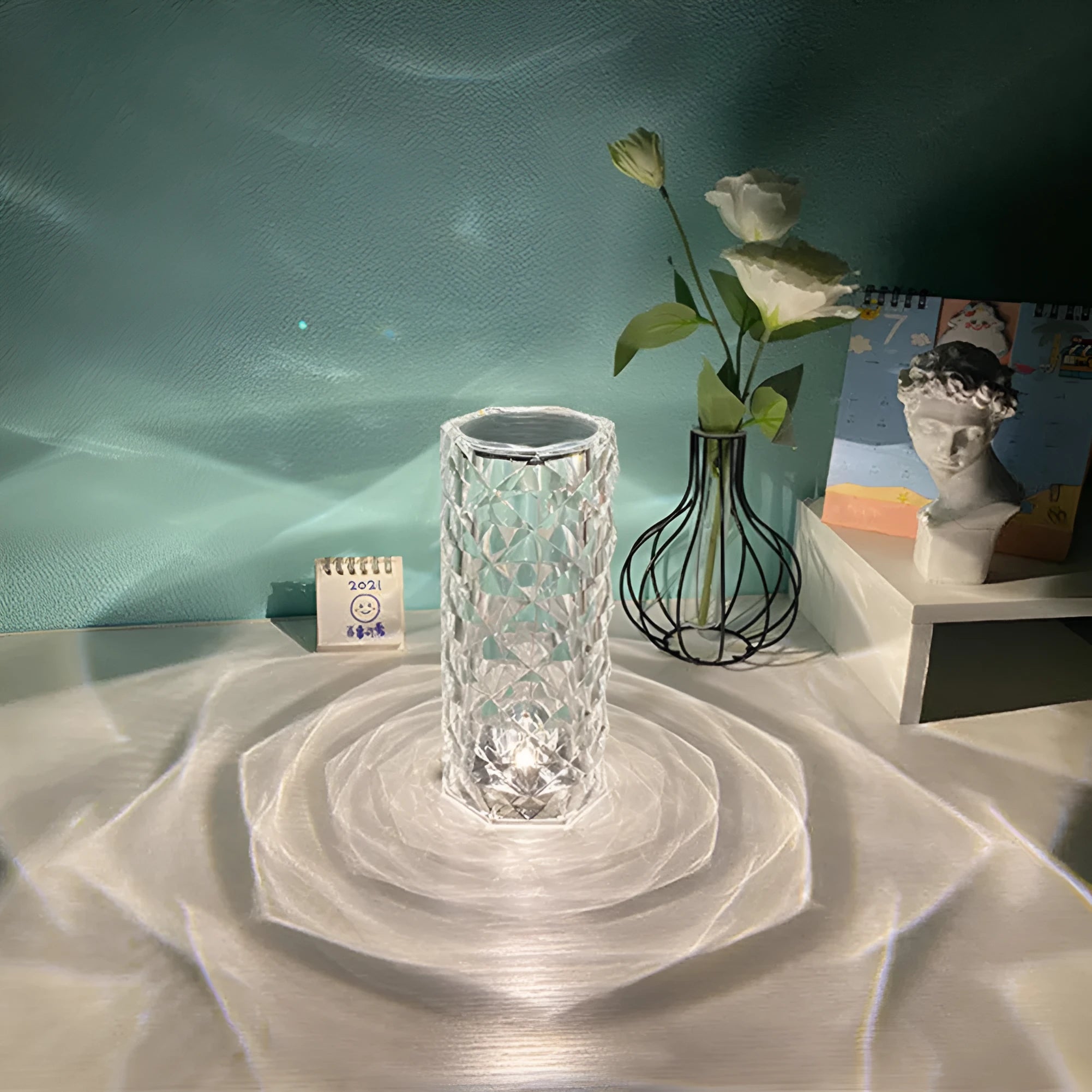 Crystal desk lamp with remote control and touch dimming, acrylic shade, 90x215 mm, USB powered, white colour option on table