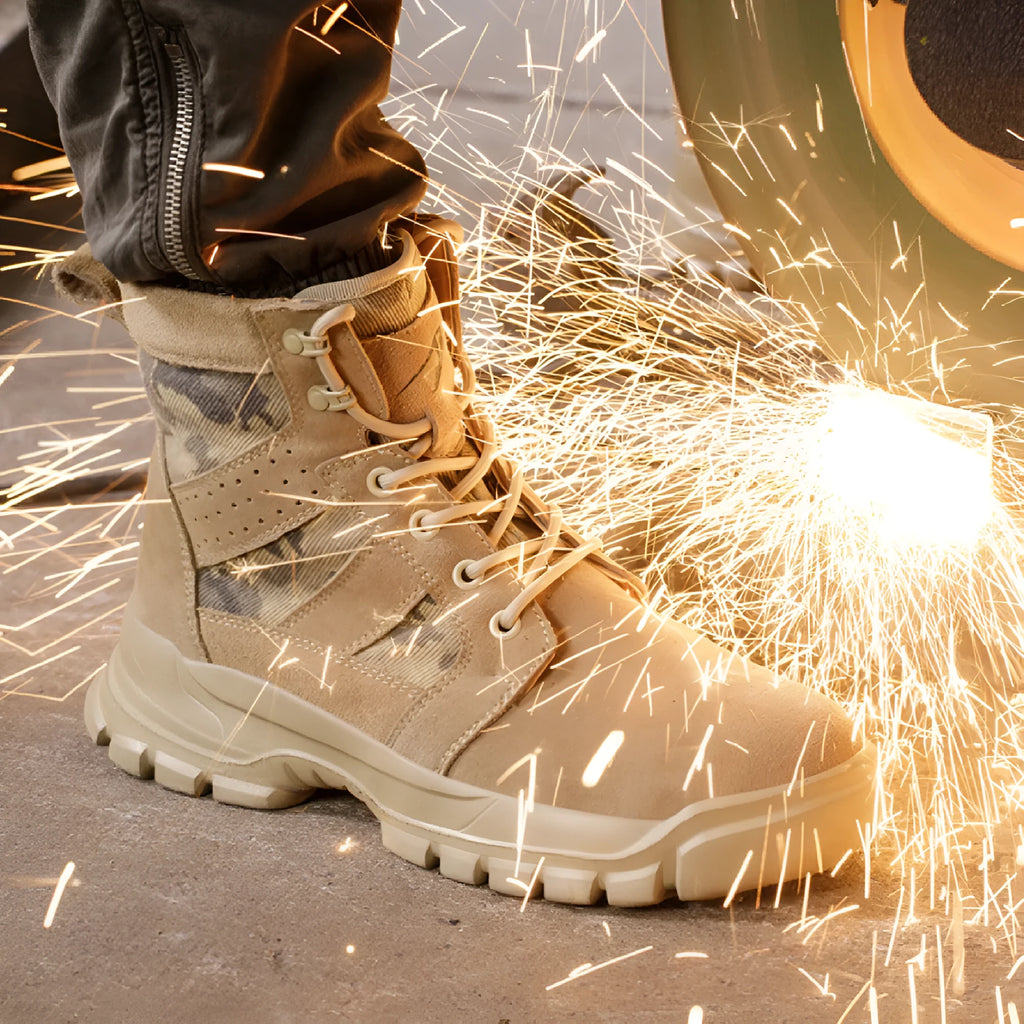 Khaki steel toe cap combat safety boots with suede upper and front lace-up closure