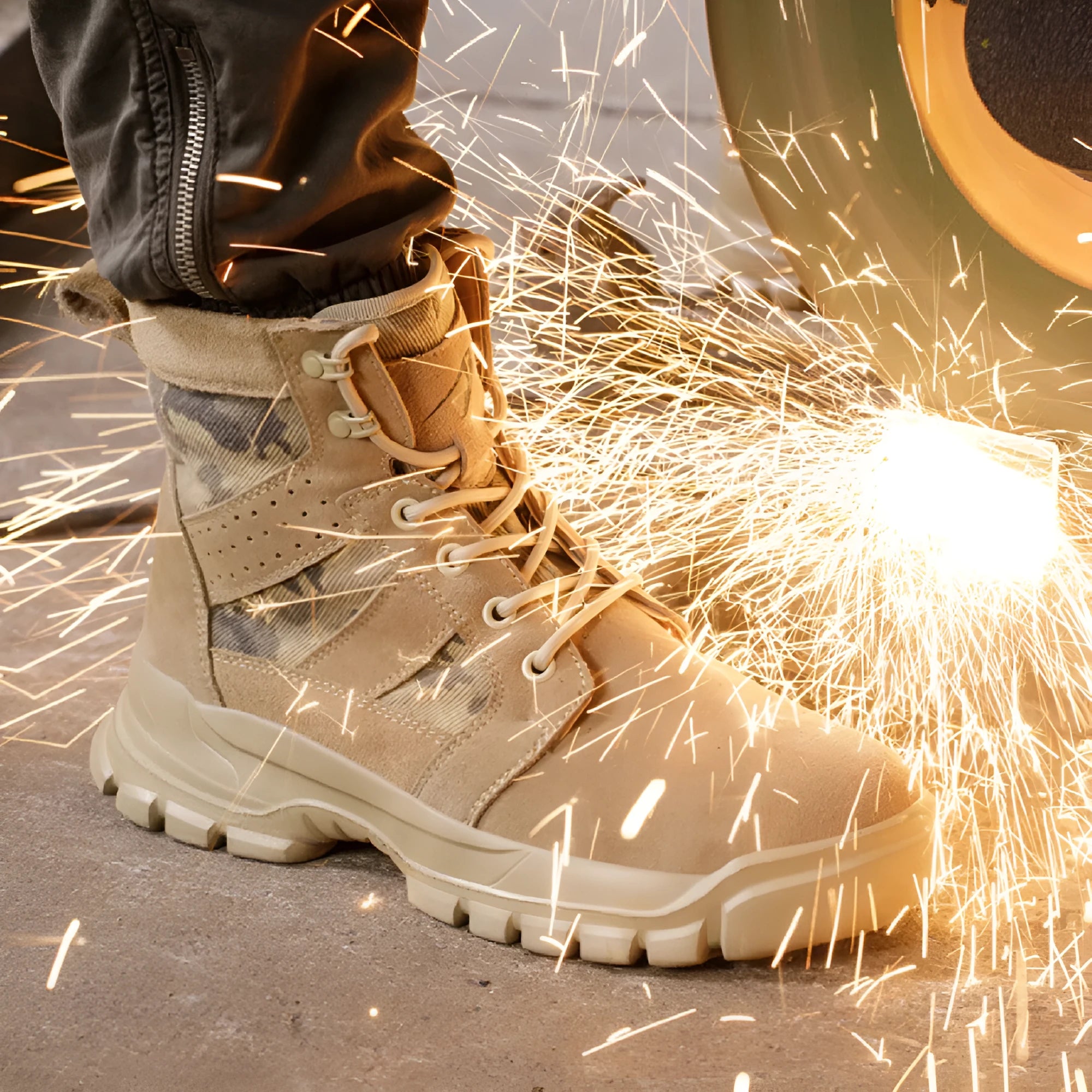 Khaki steel toe cap combat safety boots with suede upper and front lace-up closure