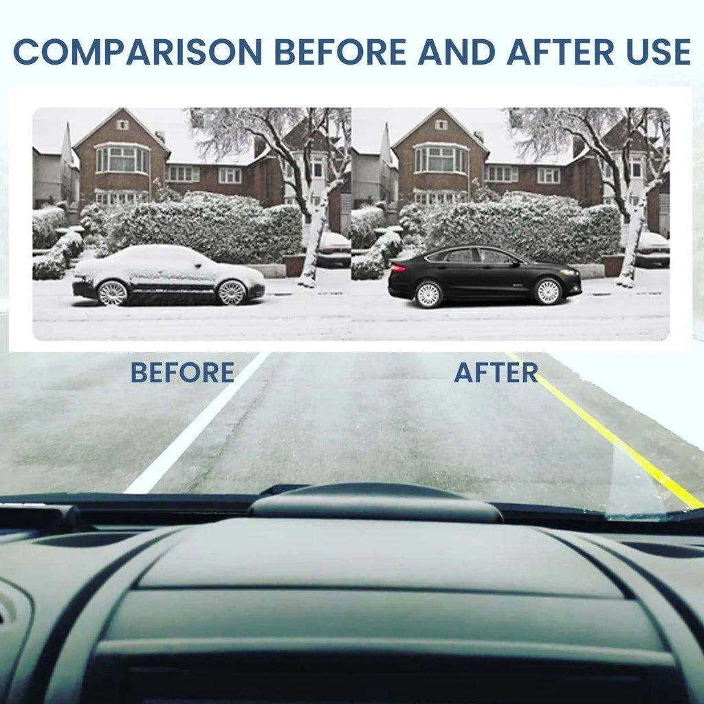 Black car snow removal tool with special glass deicing technology, 5 x 2.6 x 1.5 cm, placed on a car dashboard