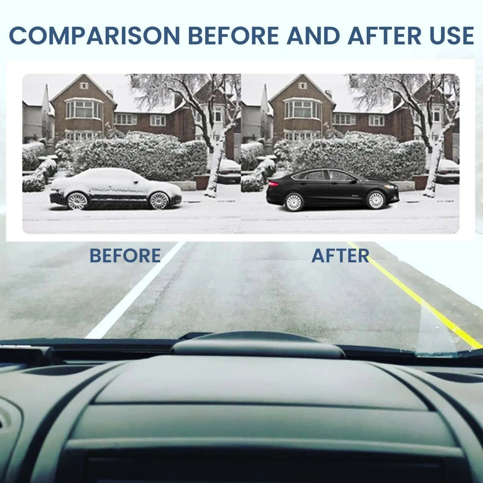 Black car snow removal tool with special glass deicing technology, 5 x 2.6 x 1.5 cm, placed on a car dashboard