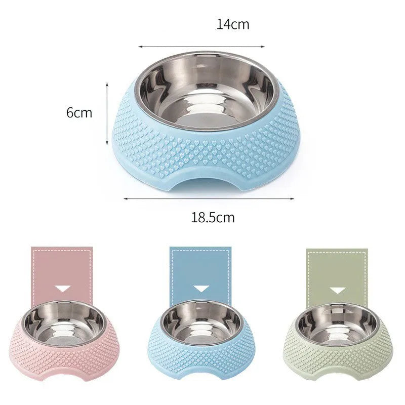 Stainless steel pet bowl with non-slip base in blue, green, or pink colour options