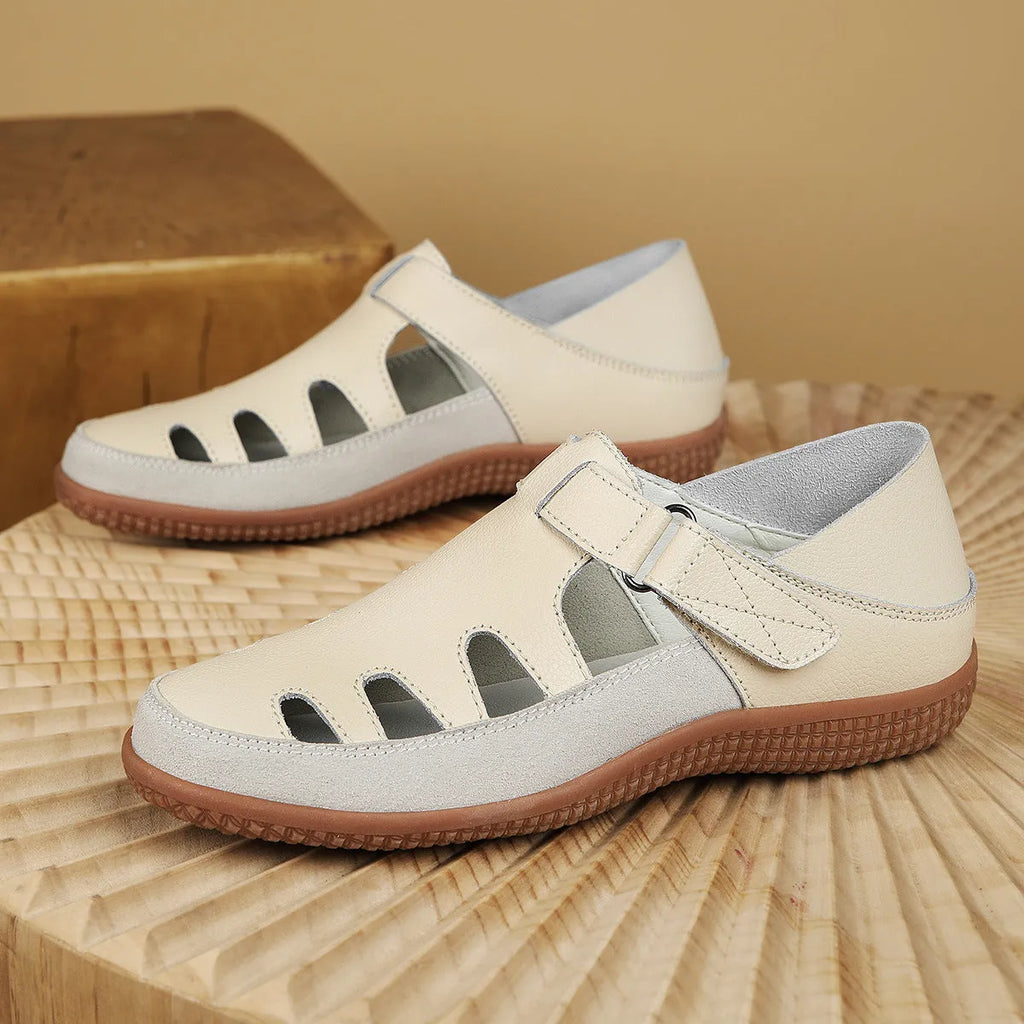 Women's plus size flat heel sandals with hollow toe cap design in blue colour