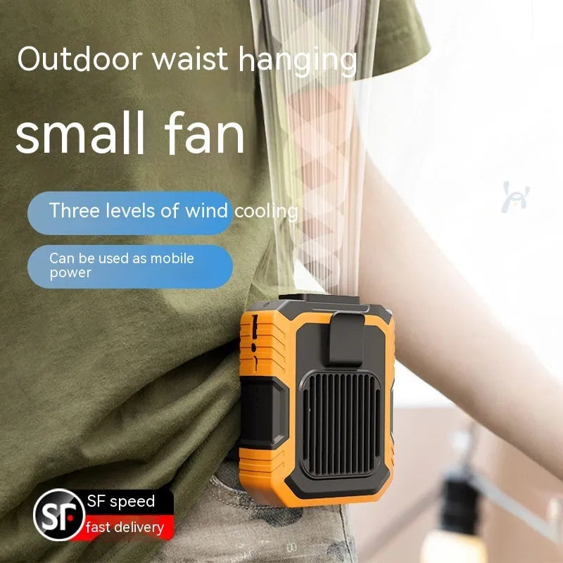 Green wrist-hanging USB fan with LED light and power bank function shown on person's wrist