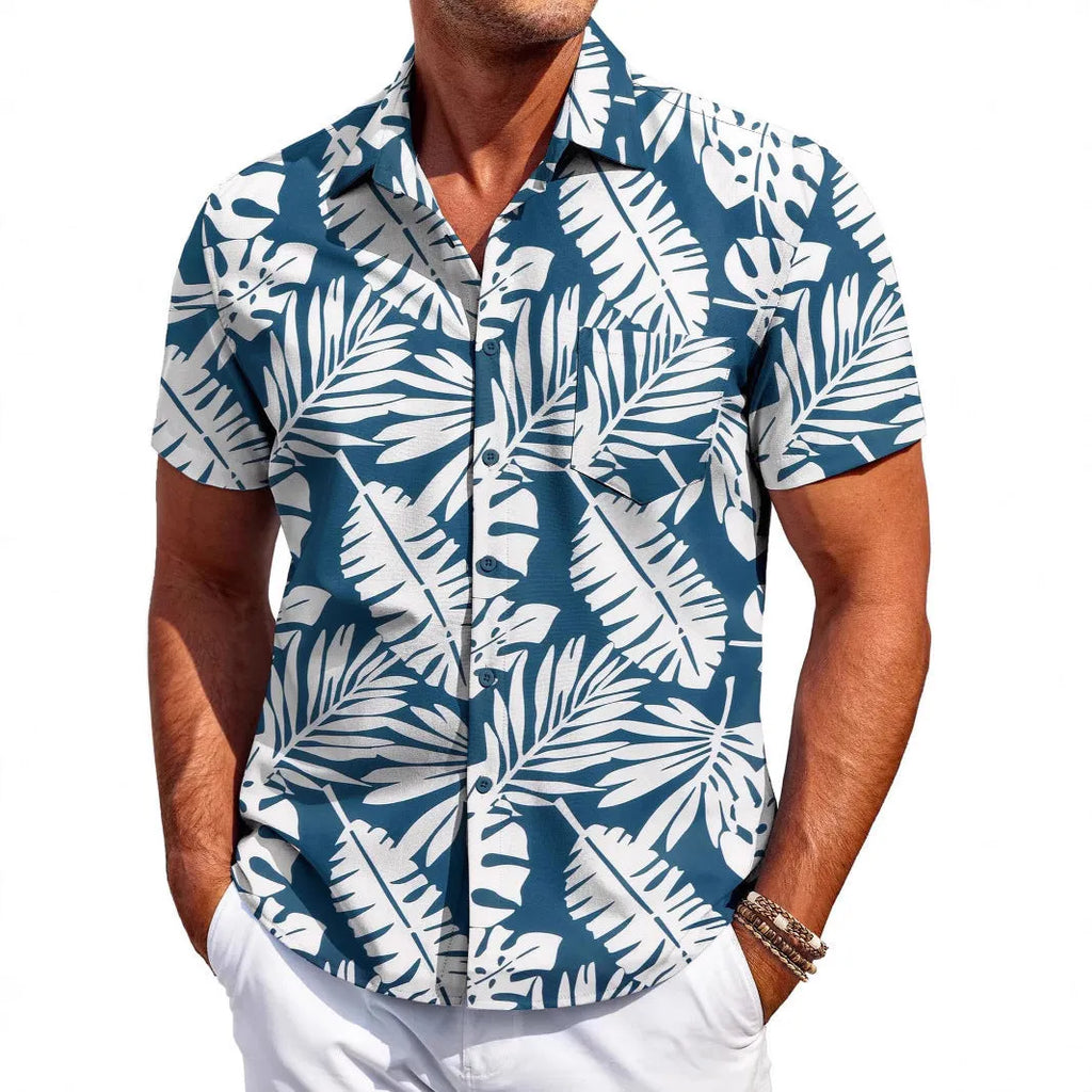 Men's slim-fit Hawaiian short sleeve shirt in elastic polyester fabric showing colour options