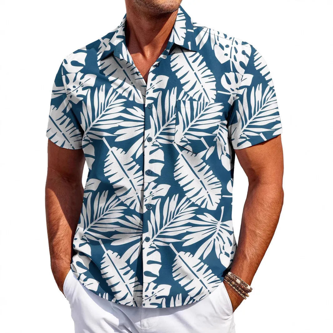 Men's slim-fit Hawaiian short sleeve shirt in elastic polyester fabric showing colour options