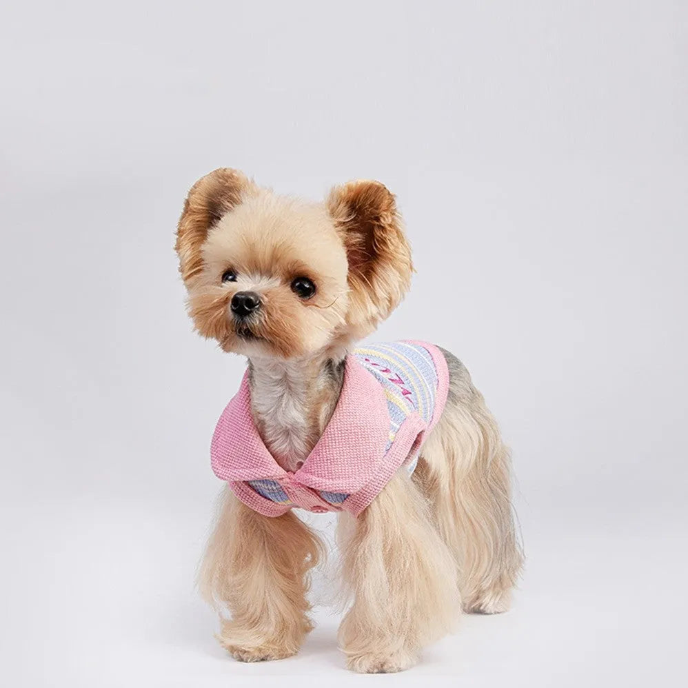Pink purple vest for a small dog or cat on a mannequin, showing a basic autumn pet clothing design.