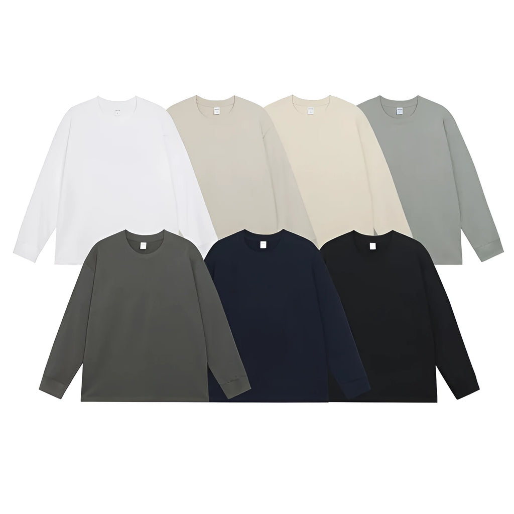 Men's pure cotton long sleeve t-shirt in loose fit, available in multiple solid colours