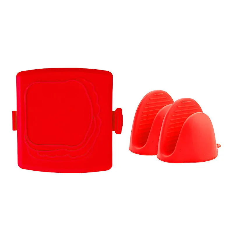 Red silicone baking tray with matching silicone heat-resistant gloves